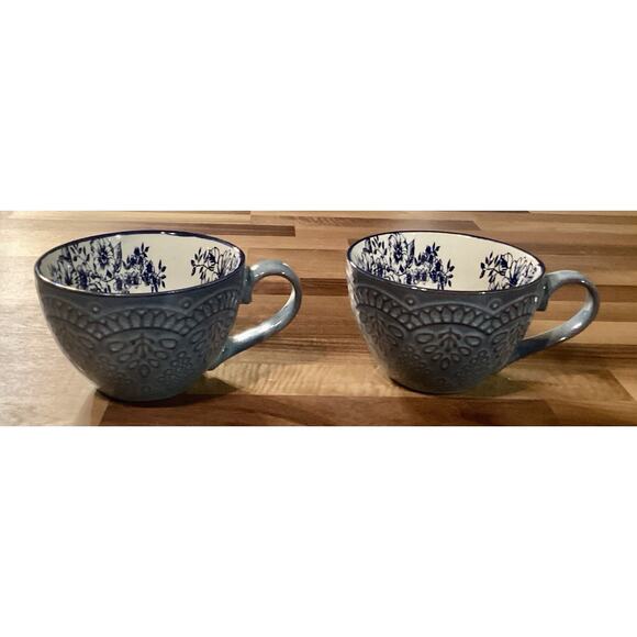Gabriela Blue Pfaltzgraff 2 Coffee Cups Blue Flowers inside Raised Design - Picture 1 of 10